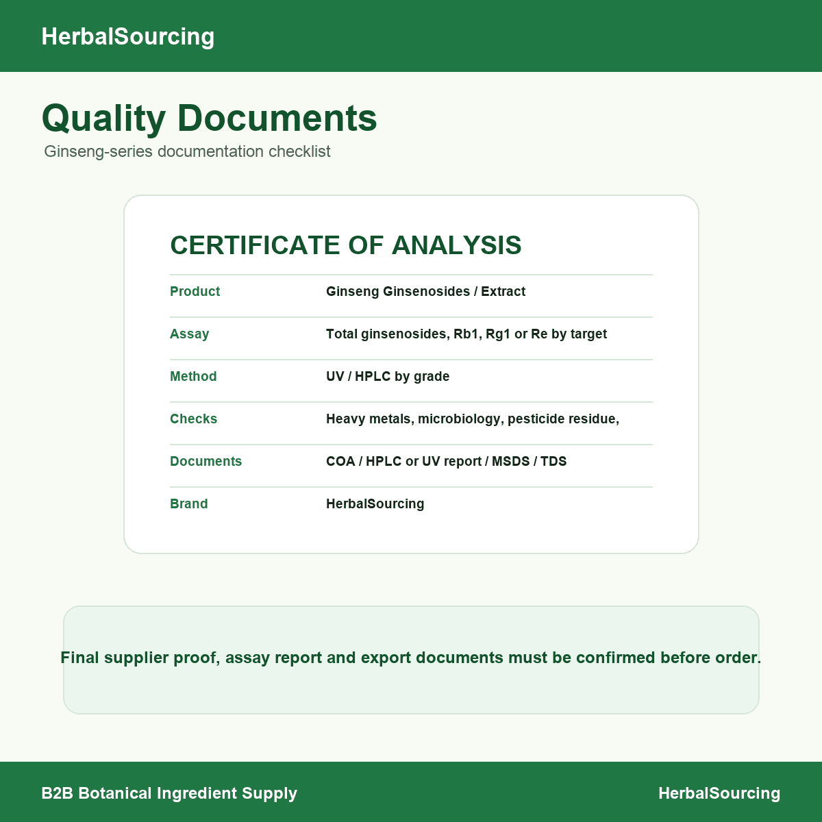 Ginseng extract quality document checklist with COA HPLC UV MSDS and TDS scope