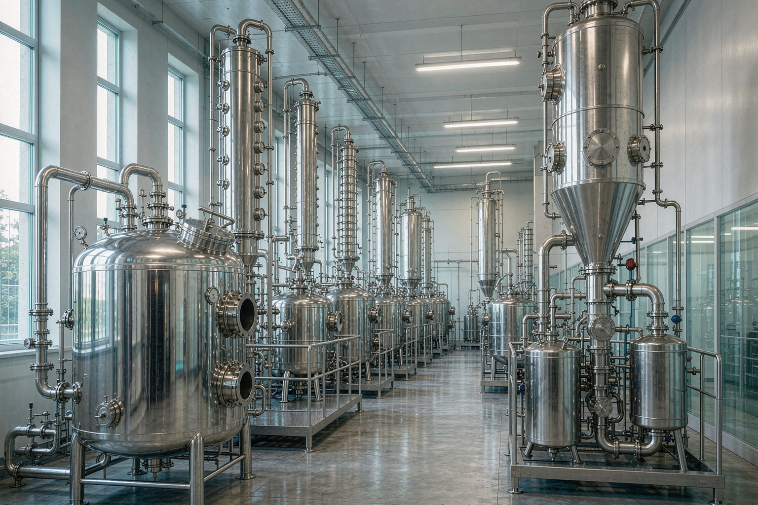 Stainless steel botanical extraction and spray-drying equipment in a GMP-standard production facility