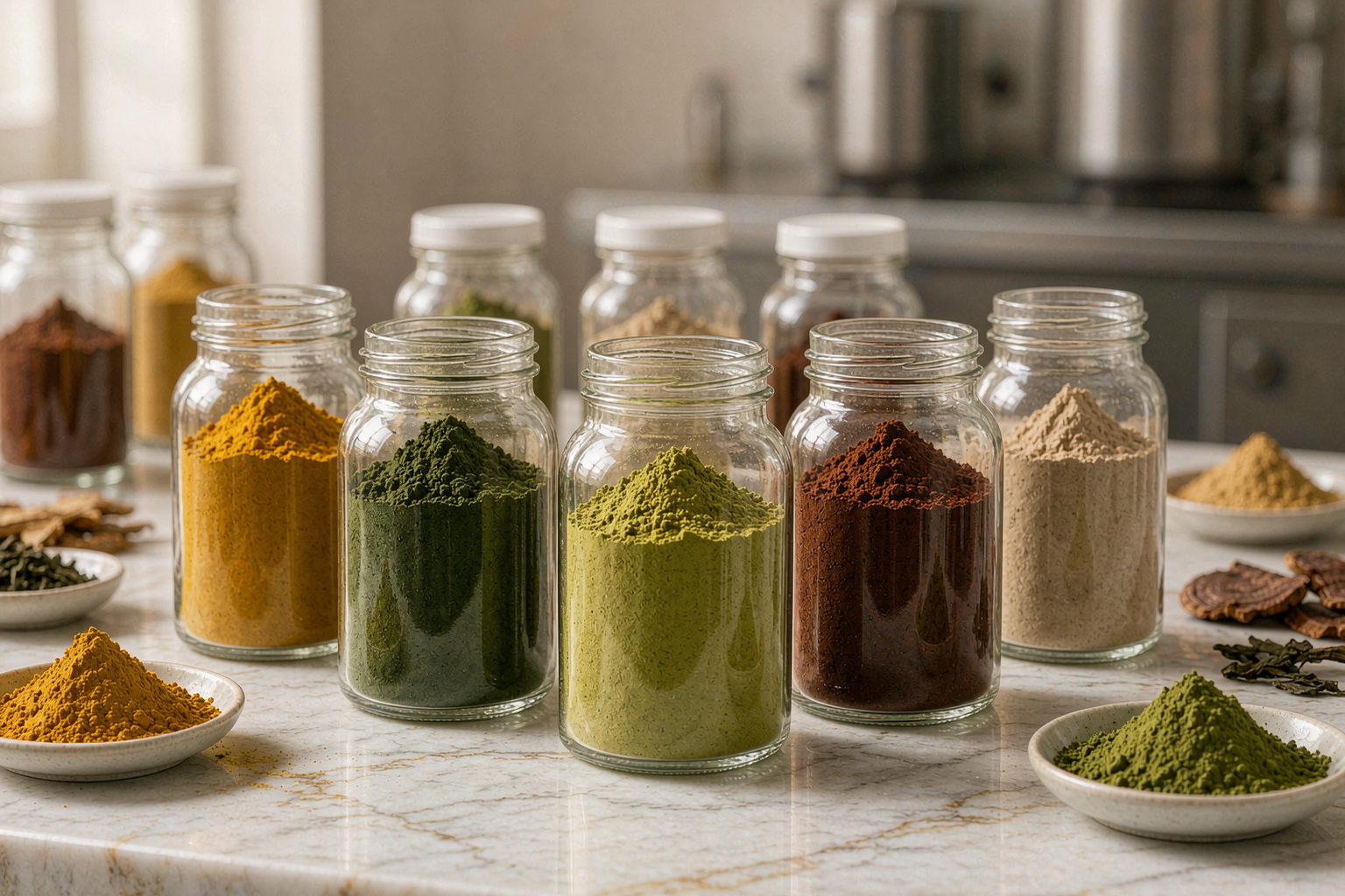 Glass jars of standardised botanical extract powders — turmeric, green tea, reishi, ginseng and matcha grades