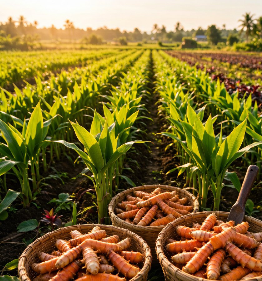 Turmeric farm with harvested rhizomes