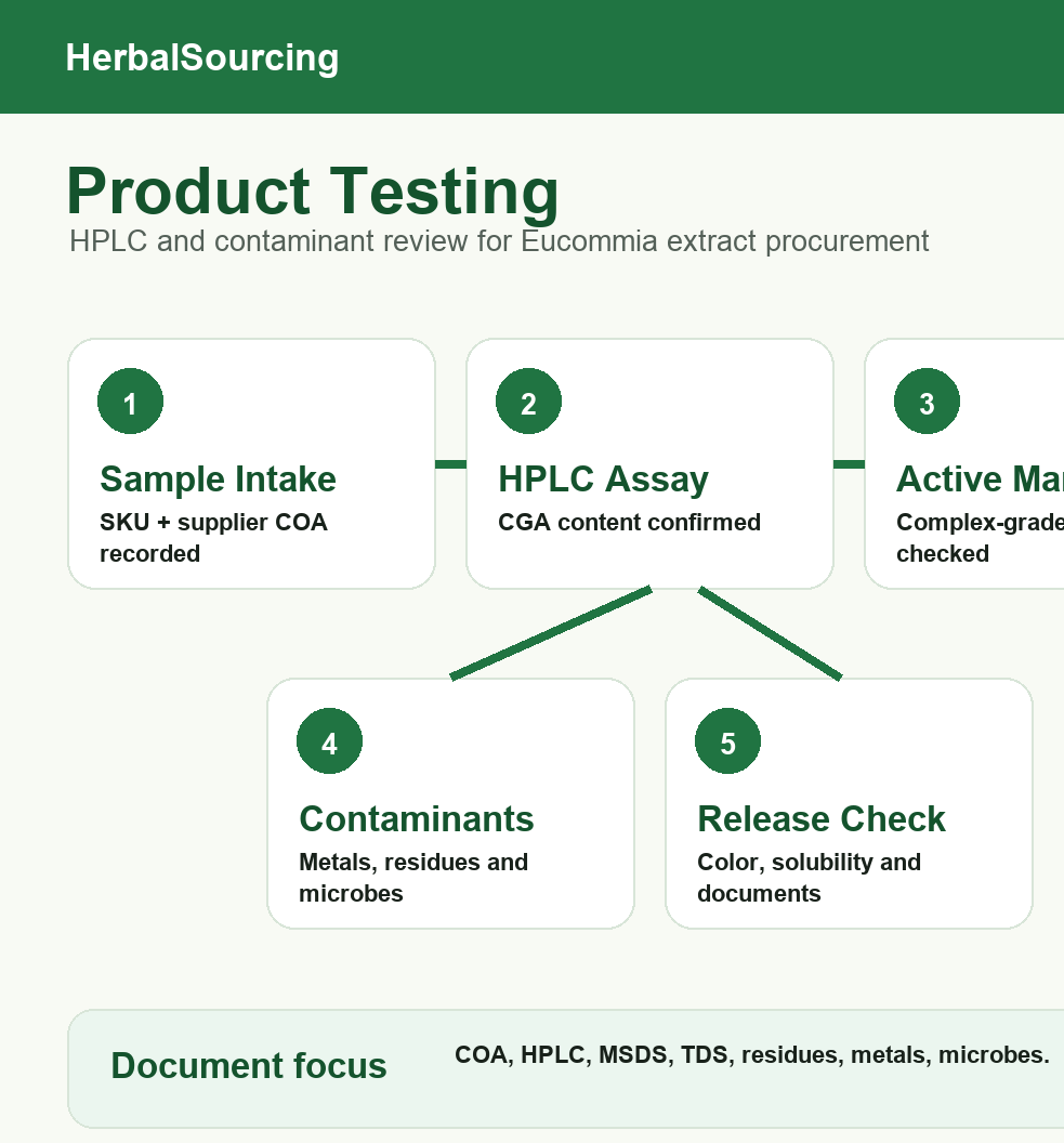 Eucommia Chlorogenic Acid HPLC and contaminant testing flow