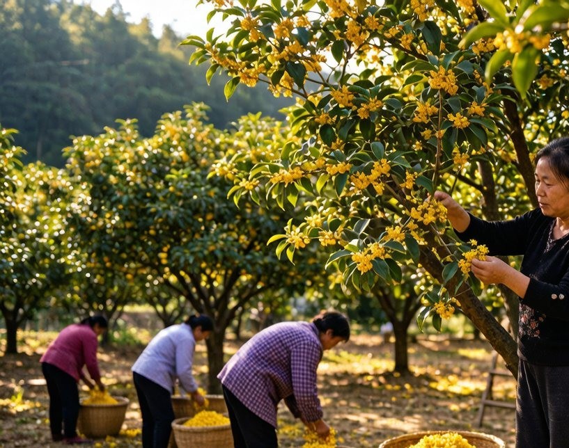 Hand-picking fresh osmanthus flowers in Xianning, Hubei