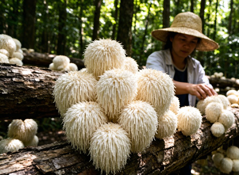 Lion's Mane cultivated on hardwood logs